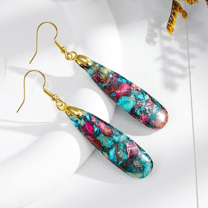 Boho Women Natural Stone Earrings Unique Healing Imperial Jasper Gemstone Energy Hypoallergenic Lightweight Dangle Drop Earrings Multiple Styles Earrings Jewelry for Birthday Party Gift