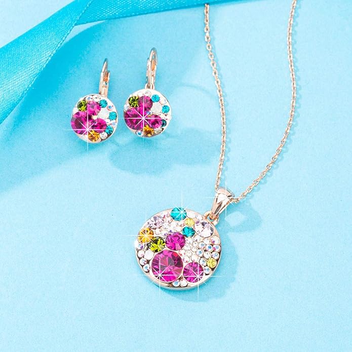 EVEVIC Austrian Crystals Round Disc Pendant Necklace Earrings for Women 14K Gold Plated Hypoallergenic Jewelry Sets
