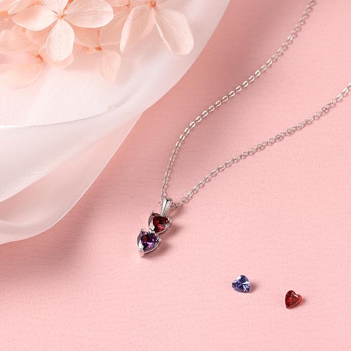 PaulaMax Jewelry Custom Birthstone Necklace for Women in 925 Sterling Silver, Mother's Day Necklace with 1 2 3 4 Heart Birthstones, Personalized and Customized Sterling Silver Chain 18" + 2"