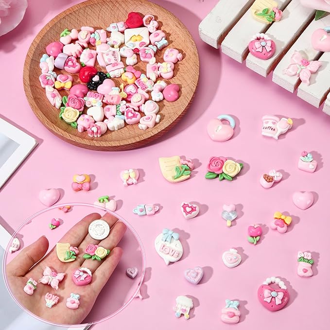 Giegxin 40 Pcs Pink Valentine's Day Resin Charm Love Heart Roses Bow Balloons Flatback Cabochon Accessories Cute Embellishment Bulk for Jewelry Cellphone Case Scrapbooking DIY