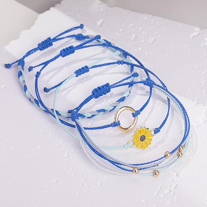FANCY SHINY Sunflower String Bracelet Boho Braided Rope Wrap Bracelets Cute Summer Beach Surfer Jewelry for Women