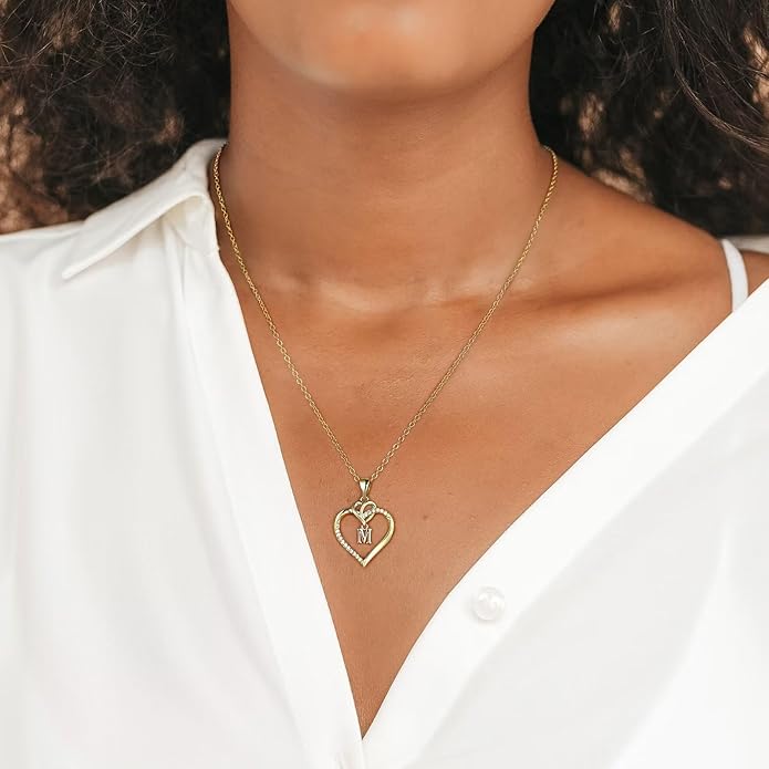 STORUP Valentines Gifts for Her Teen Girls - Heart Initial Necklaces for Women Girls, 14K-Gold-Plated CZ Initial A-Z Heart Necklaces for Teen Girl Jewelry Valentines Gifts for Women Mom Wife Sister