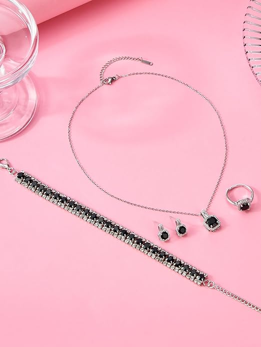4pcs Cubic Zirconia Wedding Jewelry Sets for Bride Bridesmaid Cubic Zirconia Pendant Necklace Earrings Link Tennis Bracelet Open Ring Set for Women