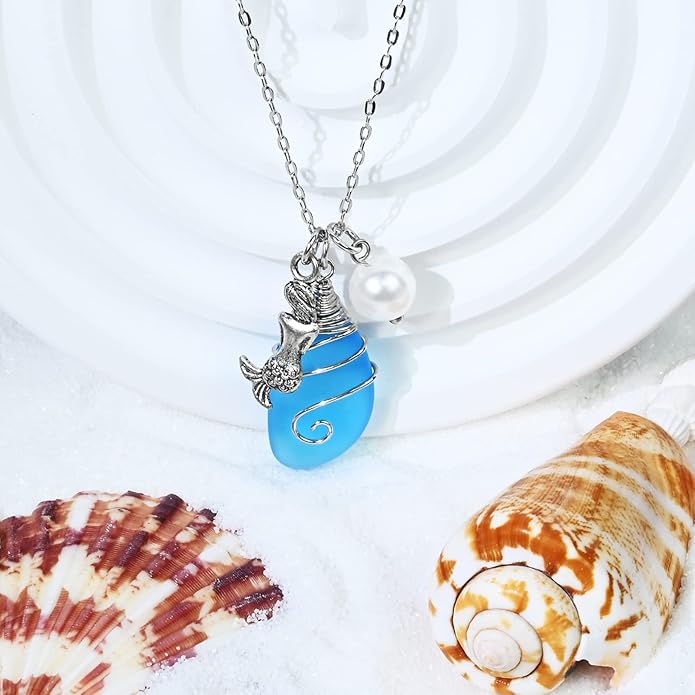 Sea Glass Necklace, Wire Wrapped Beach Necklaces, Sea Glass Jewelry, Handmade Blue Beach Jewelry for Women Trendy