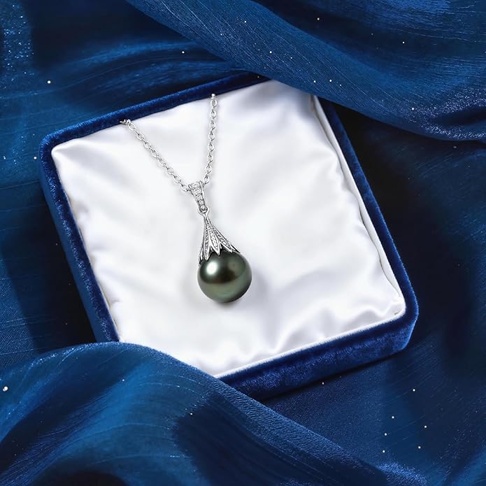 Genuine Tahitian Black Pearl Necklaces for Women, 9-12mm AAAA Seawater Pearl - Sterling Silver Moissanite Pendant, Wedding Anniversary, Birthday, Christmas Gift for Wife, Mom, Girlfriend, Fine Jewelry