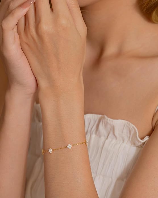 JSJOY Birthstone Bracelets for Women, 14K Gold Bracelets for Women Mom Gifts Birthday Valentines Day Gifts for Gf Dainty Flower Gift for Her Birthstone Bracelet Mothers Day Gift