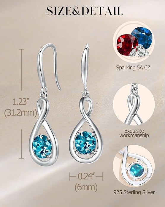 FANCIME Valentines Day Gift Dangle Drop Earrings 925 Sterling Silver Dainty Infinity Round Gemstone Birthstone Jewelry Birthday Gifts for Her Women
