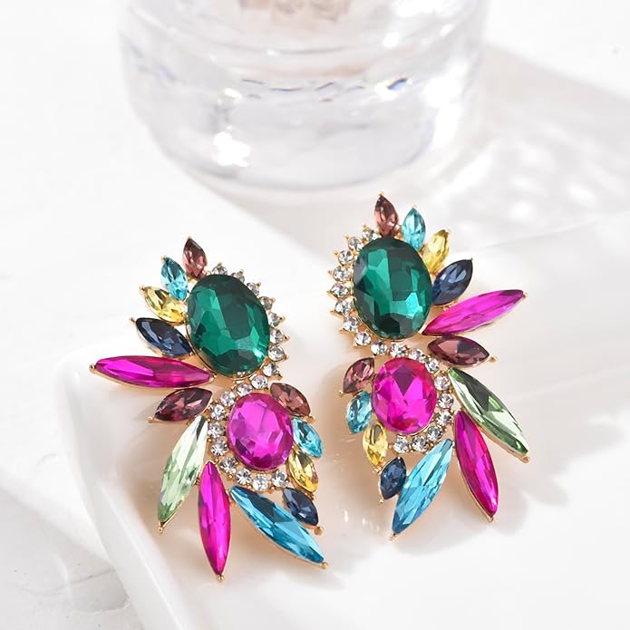 Vintage Rhinestone Statement Earrings Fancy Crystal Cluster Drop Dangle Earrings for Women