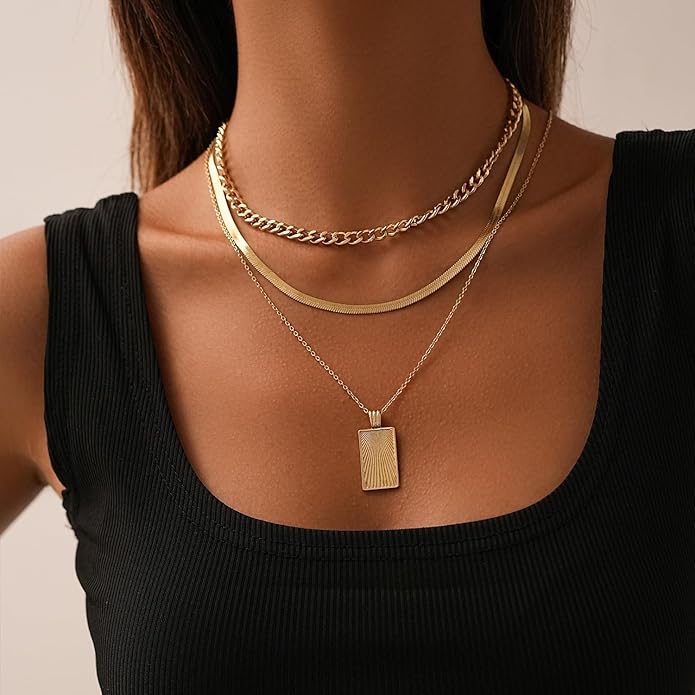 Women's Multi-Layered Gold Necklace, Stackable Delicate 14K Gold Plated Fashion Round Multi Layers Pendant Necklace, Gold Jewelry Set Gifts
