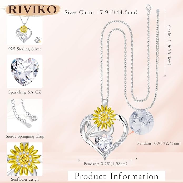 RIVIKO Valentine's Day Gifts for Her-Sunflower Birthstone Necklace for Women,925 Sterling Silver Heart Pendant,Anniversary Birthday Gifts for Women,Birthstone Jewelry for Wife Mother