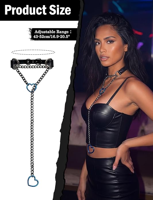 FEOYA Black Leather Heart Choker Necklace for Women Punk Gothic O-Ring Slip Chain Collar with Adjustable Buckle