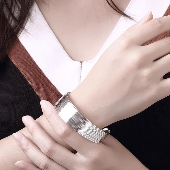 Chunky Bangle Bracelet for Women 925 Sterling Silver Bracelets Handmade Cuff Bangle Bracelets Adjustable Jewelry Fashion Simple Open Bangles