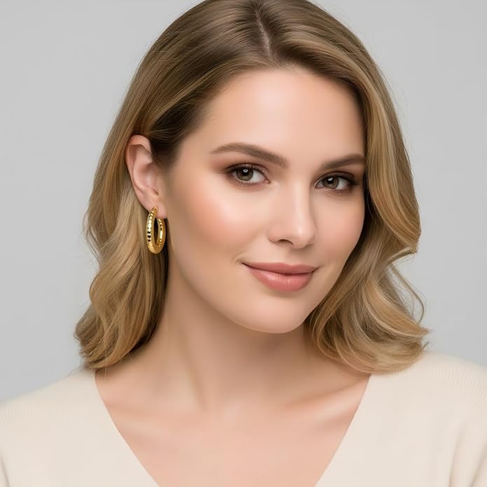 Gold Plated Hoop Earrings for Women 14K Gold Plated Earrings for Women Hypoallergenic Lightweight Wrinkle Texture Earrings Womens 20mm/25mm/30mm