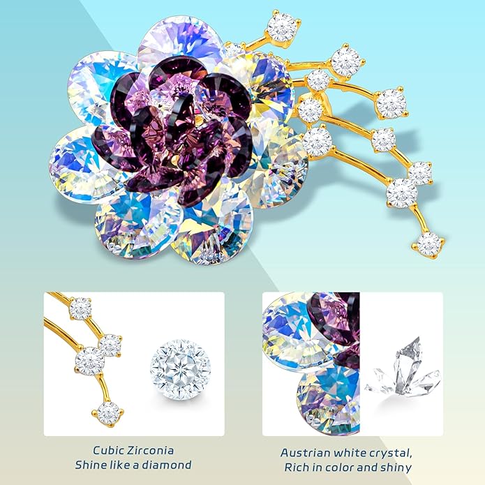 Brooches For Women,14k Gold Plated Copper,Crystal Roselle Cubic Zirconia Brooch Pins For Women ,Crystal Broach,Flower Broach