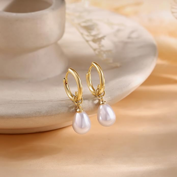 Gold Pearl Dangle Earrings for Women, 14K Gold Plated Small Pearl Drop Huggie Hoop Earrings, Hypoallergenic Dainty Gold Earrings Wedding Jewelry Gifts for Women Trendy