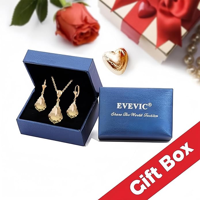 EVEVIC Austrian Crystals Baroque Pendant Necklace Earrings for Women 14K Gold Plated Hypoallergenic Leverback Drop Dangle Earrings Jewelry Set