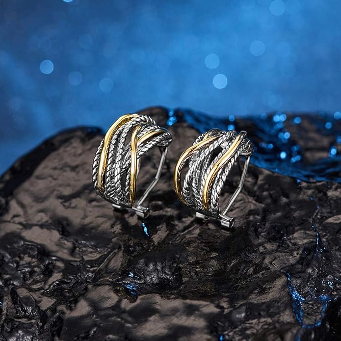 Mytys Two Tone Huggie Hoop Earrings Cross Over Design Twisted Rope Silver Gold Statement Wide Band Clip On Hoops for Women Fashion Jewelry Gift