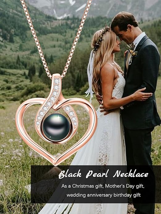 Tahitian Black Pearl AAAA 18K White Gold Plated Sterling Silver Heart Pendant Necklace for Women Wife Mom Girlfriend Valentine Her Jewelry Gift for Anniversary Birthday Christmas