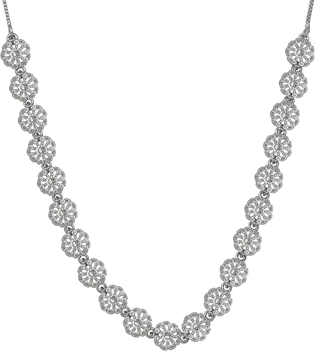 Nilu's Collection American Diamond Stone Studded | Rose Gold/Silver Plated | Anti Tarnish Jewellery Set for Women | Matching Earrings Perfect for Weddings and Special Occasions