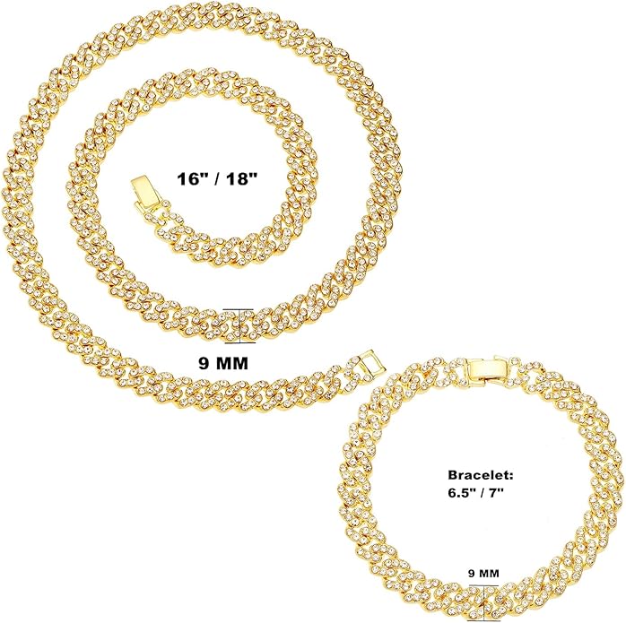 HH BLING EMPIRE 14k Gold/Silver Cuban Link Chain for Women Iced Out Diamond Chunky Cuban Link Necklace Chain Bracelet 2pcs Sets