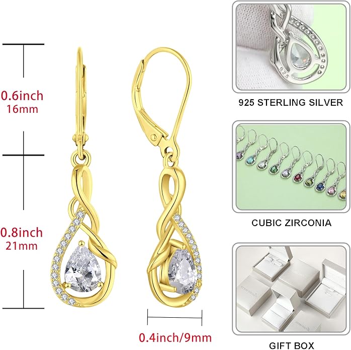 Starchenie Infinity Dangle Drop Earrings Sterling Silver Leverback Earrings Gemstones Twisted Jewelry