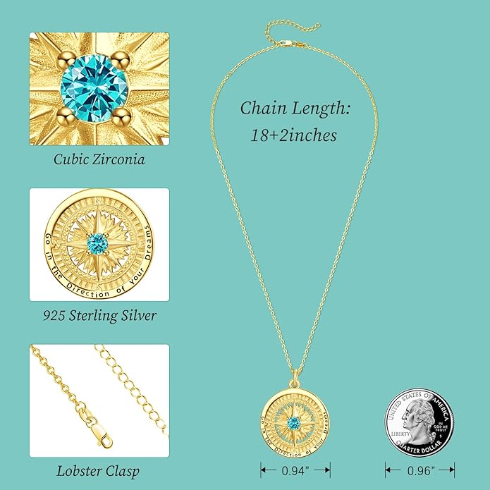 KINGWHYTE Graduation Gifts Birthstone Necklace for Women 925 Sterling Silver Compass Pendant Go in the Direction of your Dream Travel Jewelry Birthday Gift for Her