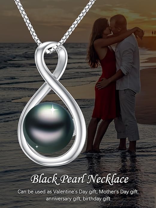 Tahitian Black Pearl 18K White Gold Plated Sterling Silver Heart/Infinity/Four Leaf Clover Pendant Necklace Jewelry Gifts for Women Wife Mom Girlfriend Wedding Birthday Anniversary Christmas