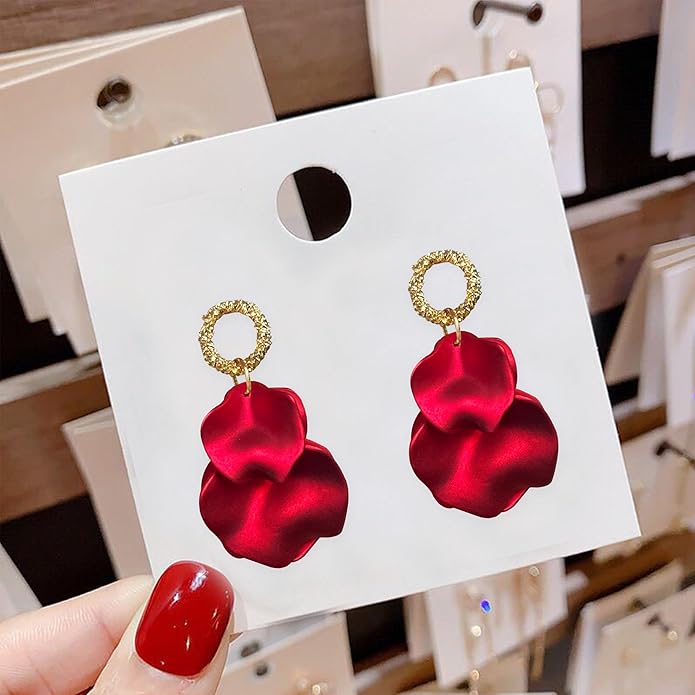 Anmpab Statement Matte Rose Flower Petal Stud Earrings for Women Dangly Floral Petal Earrings Jewelry Accessories Romantic Gifts for Her Women
