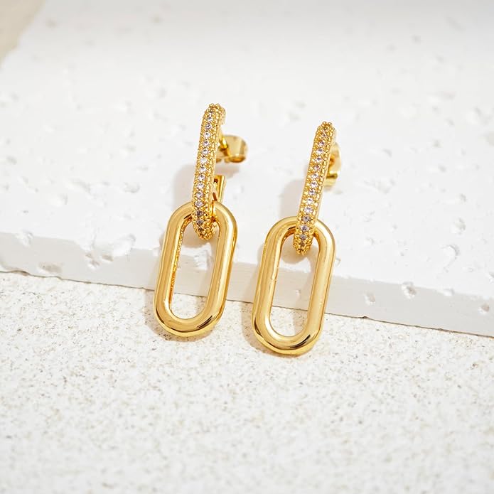 Gold Earrings for Women Trendy, Simple Dainty 14K Gold Plated Paperclip Square Chain Link Dangle Hoops Earrings Pin Stud Huggie Earrings Lightweight Hypoallergenic Minimalist Aesthetic Gold Jewelry for Christmas Gifts