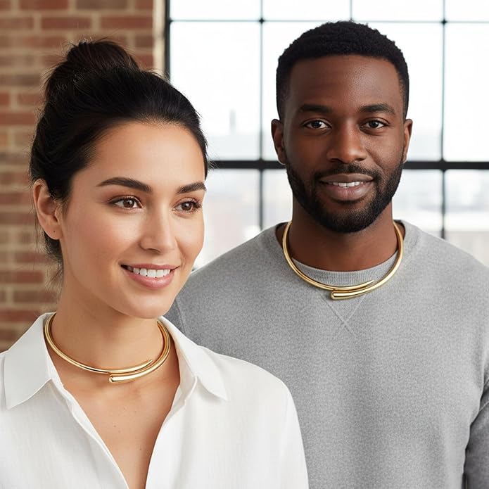 Bold Chunky Statement Choker Necklace for Women Gold and Silver Oversized Teardrop Open Cuff Collar Necklace Thick Torque Runway Style Fashion Jewelry