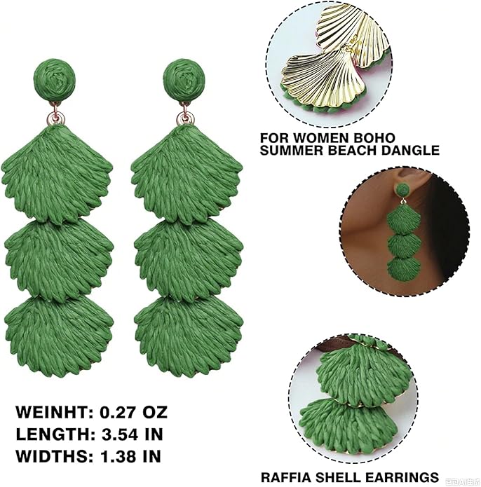 Raffia Dangle Earrings for Women - Boho Statement Rattan Drop Jewelry with Shell Design, Lightweight Summer Beach Trendy Accessories