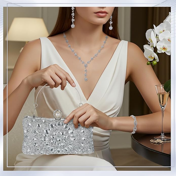 Quelay 4 Pcs Purse Rhinestone Jewelry Set Evening Clutch Bag Bling Crystal Necklace Dangle Earrings Bracelets Accessories