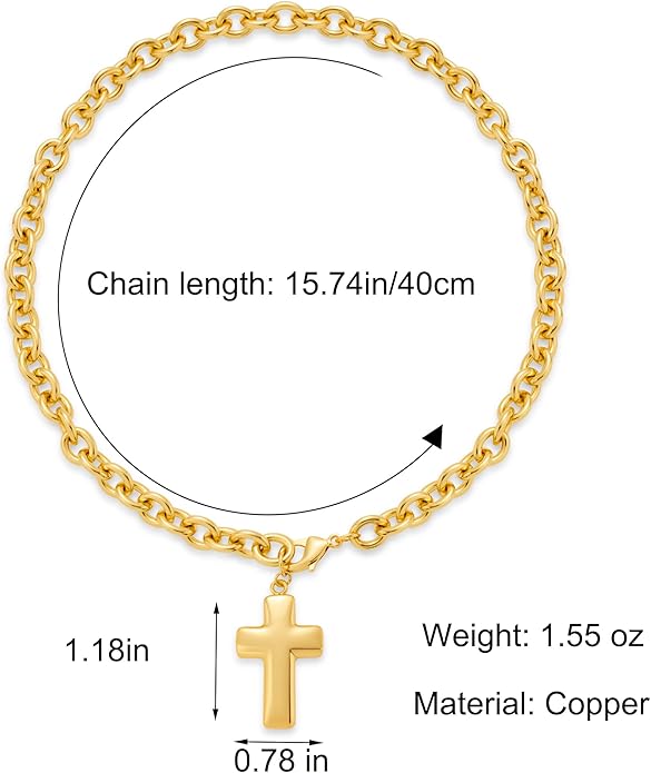 18k Gold Chunky Cross Necklace for Women Hammered Cross Choker Necklaces Bold Statement Necklace Trendy Jewelry