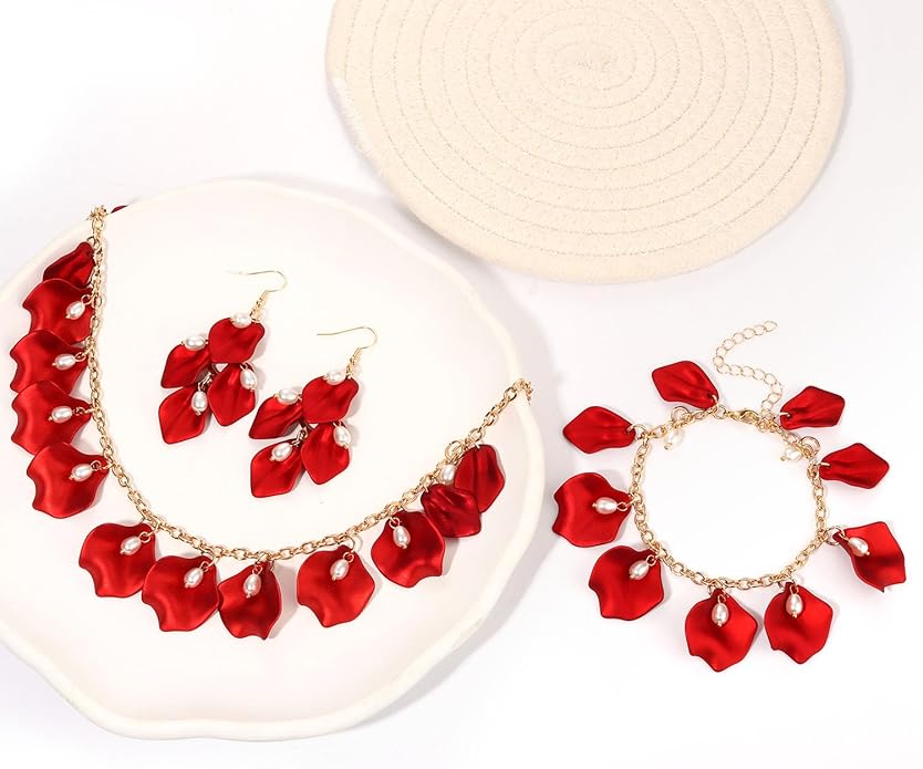 Flower Petal Necklace Earrings Set Layered Statement Beaded Jewelry Set for Women Summer Necklace Earrings