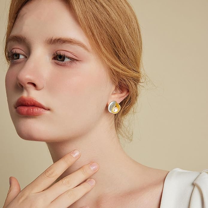 Pearl Stud Earrings for Women Stainless Steel Unique Statement Small Pearl Enamel Button Statement Vintage Earring Jewelry