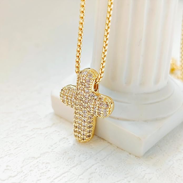 OGD Bubble Cross Necklace for Women 14k Gold Plated Cross Necklace Stackable Dainty Gold Necklace Mariner Chain Necklace CZ Cross Pendant Necklaces Set Simple Jewelry Gift