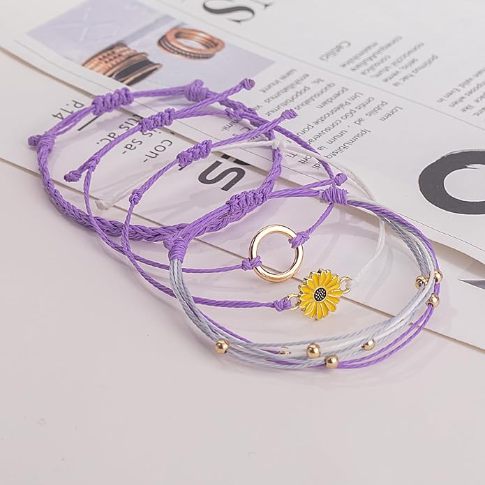 FANCY SHINY Sunflower String Bracelet Boho Braided Rope Wrap Bracelets Cute Summer Beach Surfer Jewelry for Women