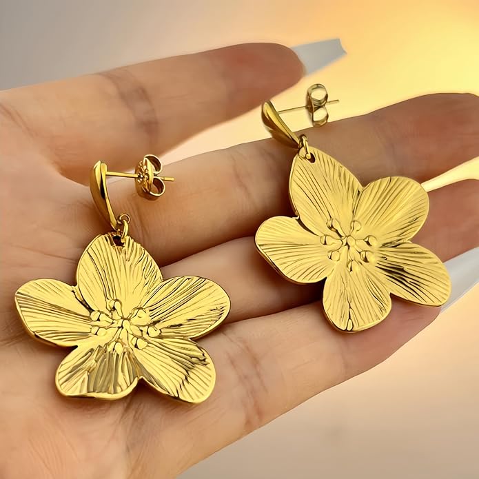 Gold Flower Statement Earrings for Women, Large Chunky Bohomian Summer Beach Floral Earring, Irregular Bold Exaggerated Earrings