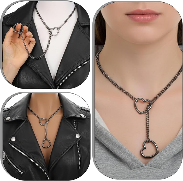 Heart Slip Chain Choker for Women, Cuban Chain Y-shape Necklaces Punk Rock Collar Black Chains Necklace, Adjustable Gothic Choker Necklace for Women