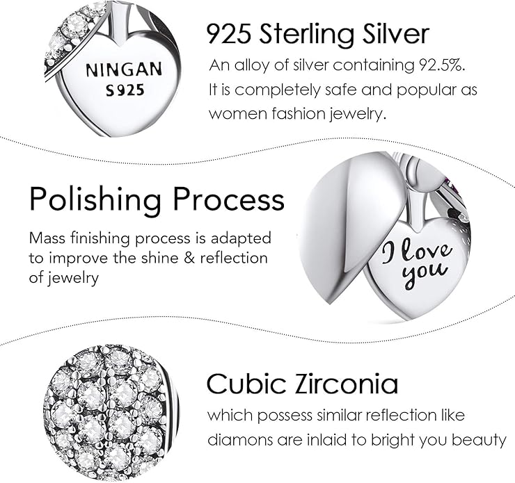 NINGAN “I Love You” Dangle Charm Love Heart Pendant Bead for Women Wife Girlfriend with 5A Cubic Zirconia for Charm Bracelets 925 Sterling Silver
