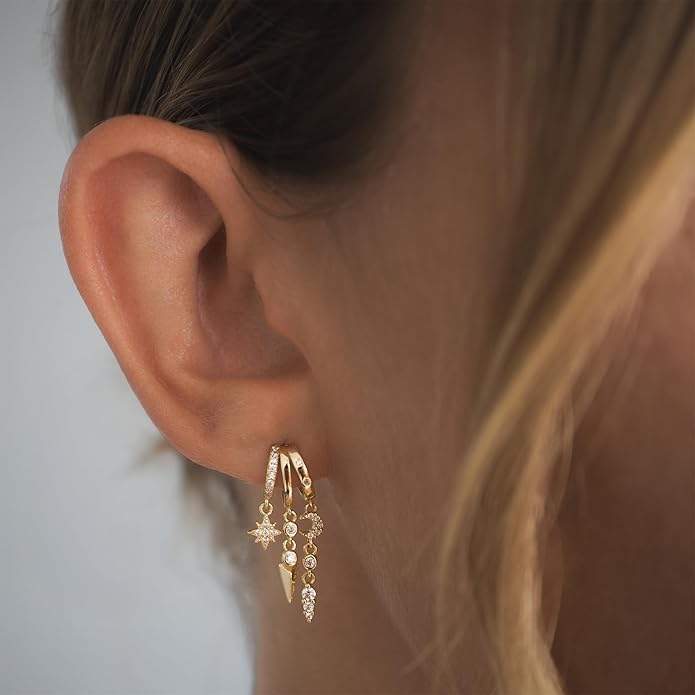 Dangle Earrings For Women,Dainty 14K Gold Plated Hypoallergenic Small Triple Huggie Hoop Earring Gothic Cute Cross Moon Star Drop Earrings For Women Trendy Gold Statement Stud Earring Jewelry