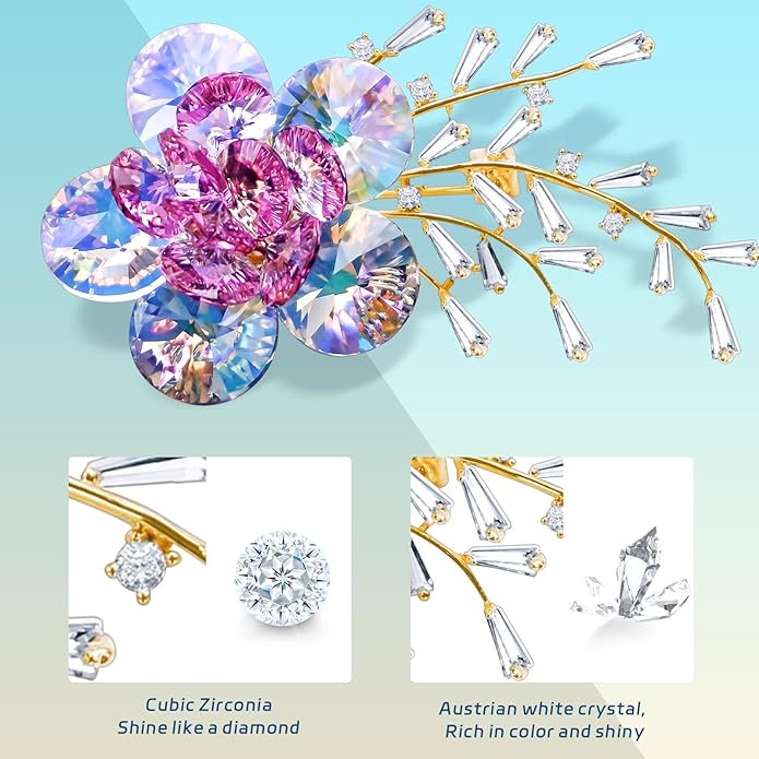 Brooches For Women,14k Gold Plated Copper,Crystal Roselle Cubic Zirconia Brooch Pins For Women ,Crystal Broach,Flower Broach