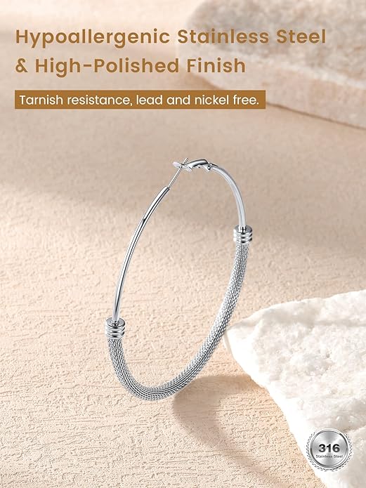 KeyStyle Mesh Hoop Earrings for Women, Stainless Steel Gold Hoops Earring Lightweight Loops, 2MM Thick Hypoallergenic Circle Endless Hollow Hoop 20mm-80mm