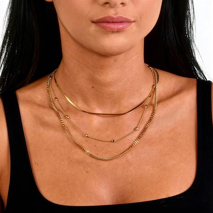 Layered Gold Necklaces for Women Trendy 18K Gold Plated Stainless Steel Waterproof Stackable Triple Chain Necklace Gold Jewelry for Daily Wear