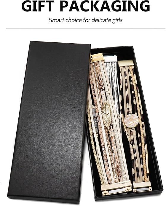 Wowanoo 3Pack Leather Cuff Bracelet Set Multilayer Wrap Bracelet Crystal Feather Tree Bracelet Magnetic Clasp Bracelet for Women