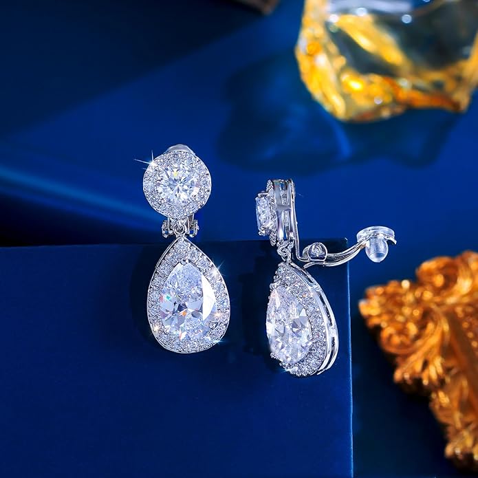 Elegant Cubic Zirconia Long Clip-On Earrings, Teardrop Crystal Dangle Design, Non-Pierced Ears, Wedding Bridal Party Jewelry