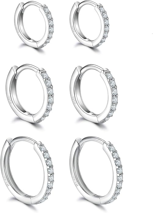 925 Sterling Silver Small Hoop Earrings Cubic Zirconia Huggie Hoop Earrings, 3 Pairs 14K White Gold Plated Cartilage Piercing Earrings Ear Cuff Tiny Hoop Earrings for Women Men