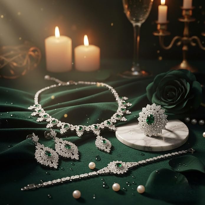 Rhinestone Wedding Bridal Jewelry Set Women's Prom-Style Necklace, Earrings, Bracelet, Ring Bridesmaid Gift Pairs with Evening Gown