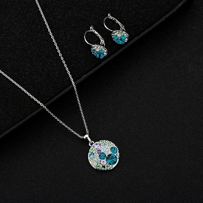 EVEVIC Austrian Crystals Round Disc Pendant Necklace Earrings for Women 14K Gold Plated Hypoallergenic Jewelry Sets