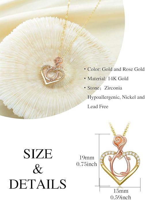 14K Solid Gold Rose Flower/Sunflower Necklaces for Women Flower Heart Pendant Necklace Love Sunshine Jewelry Anniversary Valentine's Day Birthday GiftS for Women Wife Girlfriend Her Mom